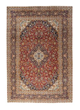 Full view of 2000s Kashan rug from Iran / Persia, 355 × 243 cm in Red tones