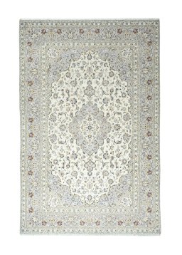 Full view of 2000s Kashan rug from Iran / Persia, 365 × 240 cm in Beige tones