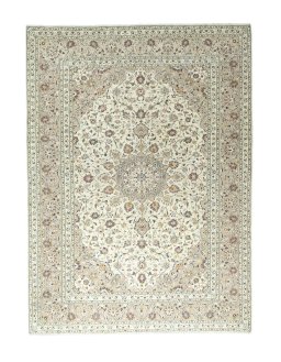Full view of 2000s Kashan rug from Iran / Persia, 345 × 250 cm in Beige tones