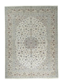 Full view of 2000s Kashan rug from Iran / Persia, 402 × 300 cm in Beige tones