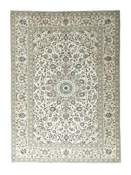 Full view of 2000s Kashan rug from Iran / Persia, 337 × 245 cm in Beige tones