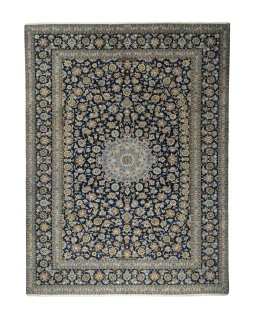 Full view of 2000s Kashan rug from Iran / Persia, 408 × 305 cm in Blue tones