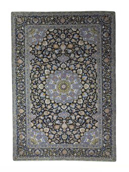 Full view of New Kashan rug from Iran / Persia, 437 × 307 cm in Blue tones