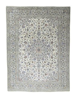 Full view of New Kashan rug from Iran / Persia, 395 × 295 cm in Beige tones
