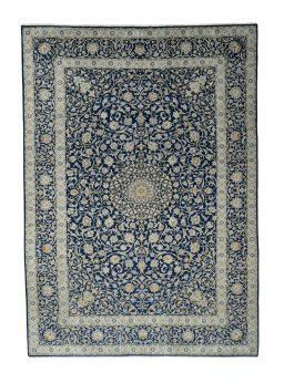 Full view of 2000s Kashan rug from Iran / Persia, 375 × 267 cm in Blue tones