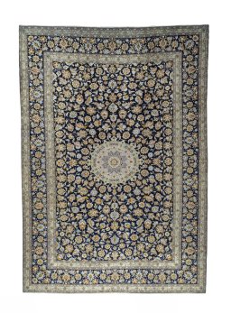 Full view of 2000s Kashan rug from Iran / Persia, 435 × 305 cm in Blue tones