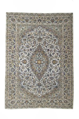 Full view of 2000s Kashan rug from Iran / Persia, 285 × 205 cm in Beige tones