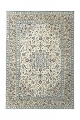 Full view of 2000s Kashan rug from Iran / Persia, 343 × 240 cm in Beige tones