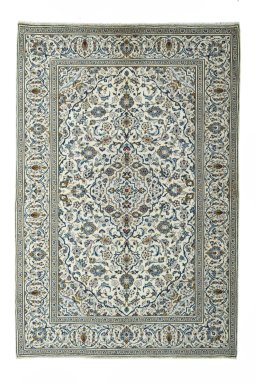 Full view of 2000s Kashan rug from Iran / Persia, 300 × 204 cm in Beige tones