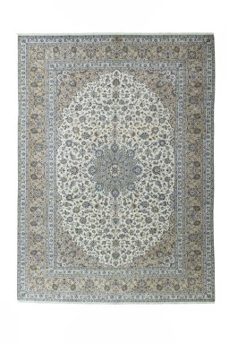 Full view of 2000s Kashan rug from Iran / Persia, 397 × 292 cm in Beige tones