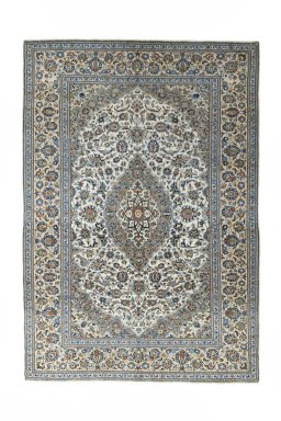 Full view of 2000s Kashan rug from Iran / Persia, 295 × 205 cm in Beige tones