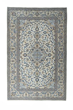 Full view of 2000s Kashan rug from Iran / Persia, 300 × 197 cm in Beige tones