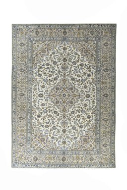 Full view of 2000s Kashan rug from Iran / Persia, 405 × 293 cm in Beige tones