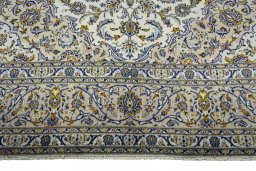 Full view of 2000s Kashan rug from Iran / Persia, 405 × 293 cm in Beige tones