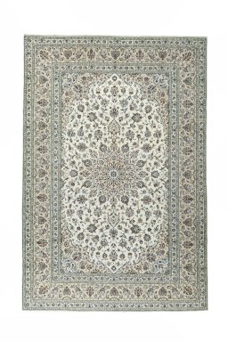 Full view of 2000s Kashan rug from Iran / Persia, 355 × 240 cm in Beige tones
