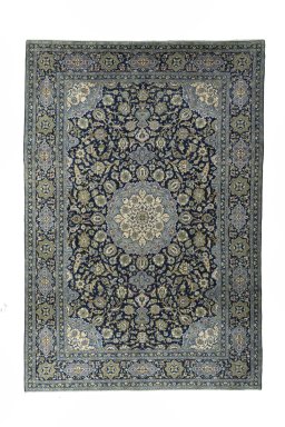 Full view of 2000s Kashan rug from Iran / Persia, 380 × 260 cm in Blue tones