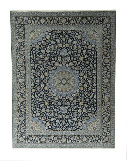Full view of 2000s Kashan rug from Iran / Persia, 390 × 300 cm in Blue tones