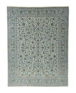 Full view of 2000s Kashan rug from Iran / Persia, 397 × 306 cm in Green tones