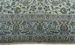 Full view of 2000s Kashan rug from Iran / Persia, 397 × 306 cm in Green tones