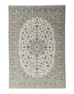 Full view of 2000s Kashan rug from Iran / Persia, 356 × 245 cm in Beige tones