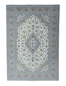 Full view of 2000s Kashan rug from Iran / Persia, 352 × 243 cm in Beige tones