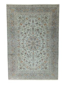 Full view of 2000s Kashan rug from Iran / Persia, 419 × 291 cm in Blue tones