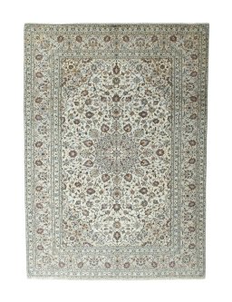 Full view of 2000s Kashan rug from Iran / Persia, 340 × 245 cm in Beige tones