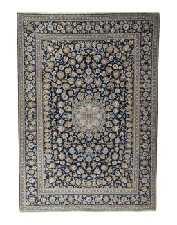 Full view of 2000s Kashan rug from Iran / Persia, 386 × 274 cm in Blue tones