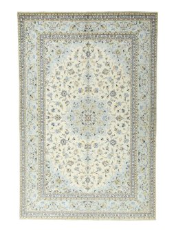Full view of 2000s Kashan rug from Iran / Persia, 295 × 196 cm in Beige tones