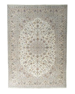 Full view of 2000s Kashan rug from Iran / Persia, 413 × 295 cm in Beige tones
