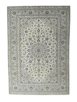 Full view of 2000s Kashan rug from Iran / Persia, 347 × 243 cm in Beige tones