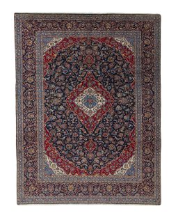 Full view of 2000s Kashan rug from Iran / Persia, 355 × 274 cm in Blue tones