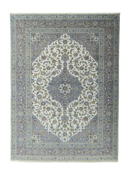 Full view of 2000s Kashan rug from Iran / Persia, 415 × 305 cm in Beige tones
