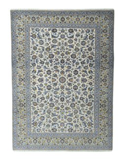 Full view of 2000s Kashan rug from Iran / Persia, 380 × 280 cm in Beige tones