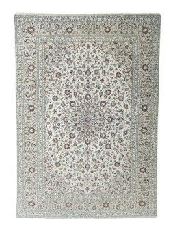 Full view of 2000s Kashan rug from Iran / Persia, 353 × 250 cm in Beige tones