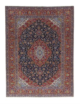 Full view of 2000s Kashan rug from Iran / Persia, 390 × 295 cm in Blue tones