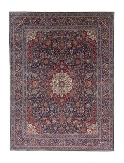 Full view of 1930s Kashan rug from Iran / Persia, 432 × 325 cm in Blue tones