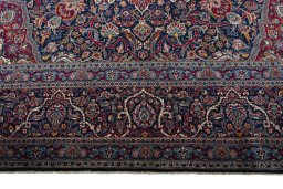 Full view of 1930s Kashan rug from Iran / Persia, 432 × 325 cm in Blue tones