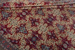 Full view of 1950s Kashan rug from Iran / Persia, 415 × 320 cm in Red tones