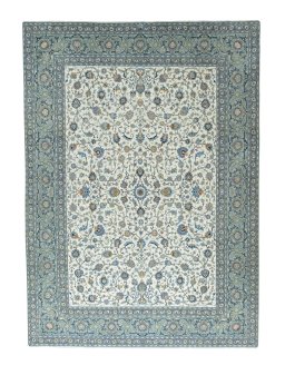 Full view of 2000s Kashan rug from Iran / Persia, 422 × 305 cm in Beige tones