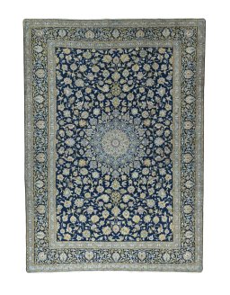 Full view of 2000s Kashan rug from Iran / Persia, 417 × 300 cm in Blue tones