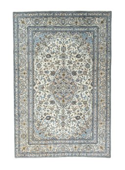 Full view of 2000s Kashan rug from Iran / Persia, 368 × 245 cm in Beige tones