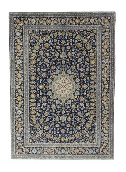 Full view of 2000s Kashan rug from Iran / Persia, 415 × 295 cm in Blue tones