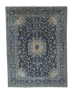 Full view of 2000s Kashan rug from Iran / Persia, 407 × 305 cm in Blue tones