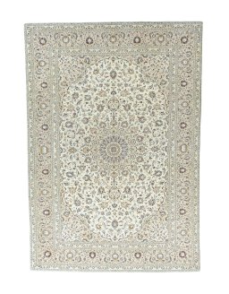 Full view of 2000s Kashan rug from Iran / Persia, 410 × 286 cm in Beige tones