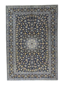 Full view of 2000s Kashan rug from Iran / Persia, 441 × 307 cm in Blue tones