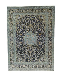 Full view of 2000s Kashan rug from Iran / Persia, 409 × 300 cm in Blue tones