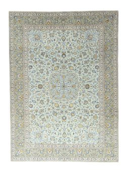 Full view of 2000s Kashan rug from Iran / Persia, 420 × 308 cm in Blue tones