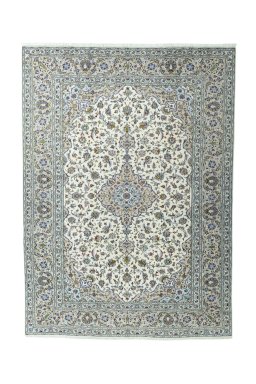 Full view of 2000s Kashan rug from Iran / Persia, 347 × 251 cm in Beige tones