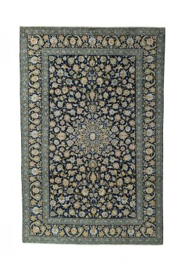 Full view of 2000s Kashan rug from Iran / Persia, 390 × 255 cm in Blue tones